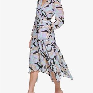 Abstract Print Midi Wrap Dress in Pastel Multi